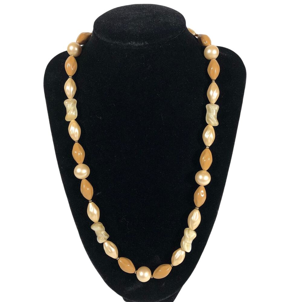 Vintage Tan and White Beaded Mid-Century Modern Necklace, MCM 1960s